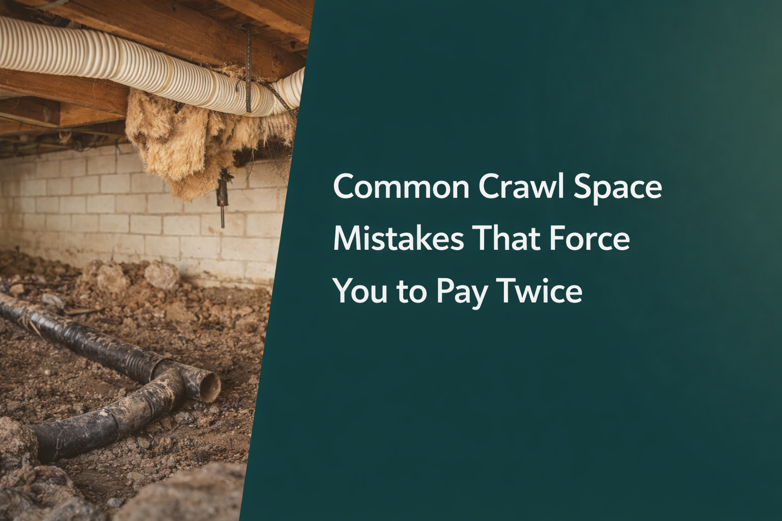 A crawl space with dirt floors and hanging insulation next to text: Common Crawl Space Mistakes That Force You to Pay Twice.