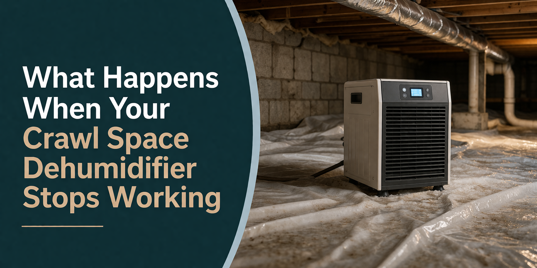 A dehumidifier sits on a plastic liner in a dark crawl space, next to text about what happens when it stops working.