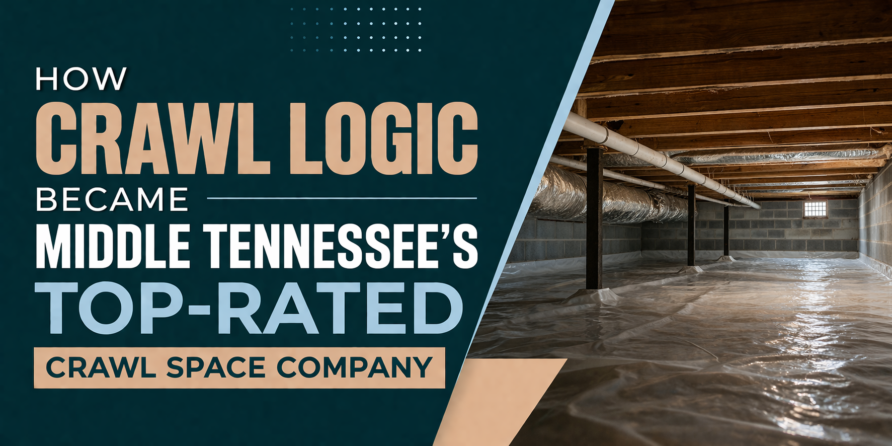 Text overlay on a split image showing a clean, encapsulated crawl space with plastic sheeting covering the ground.