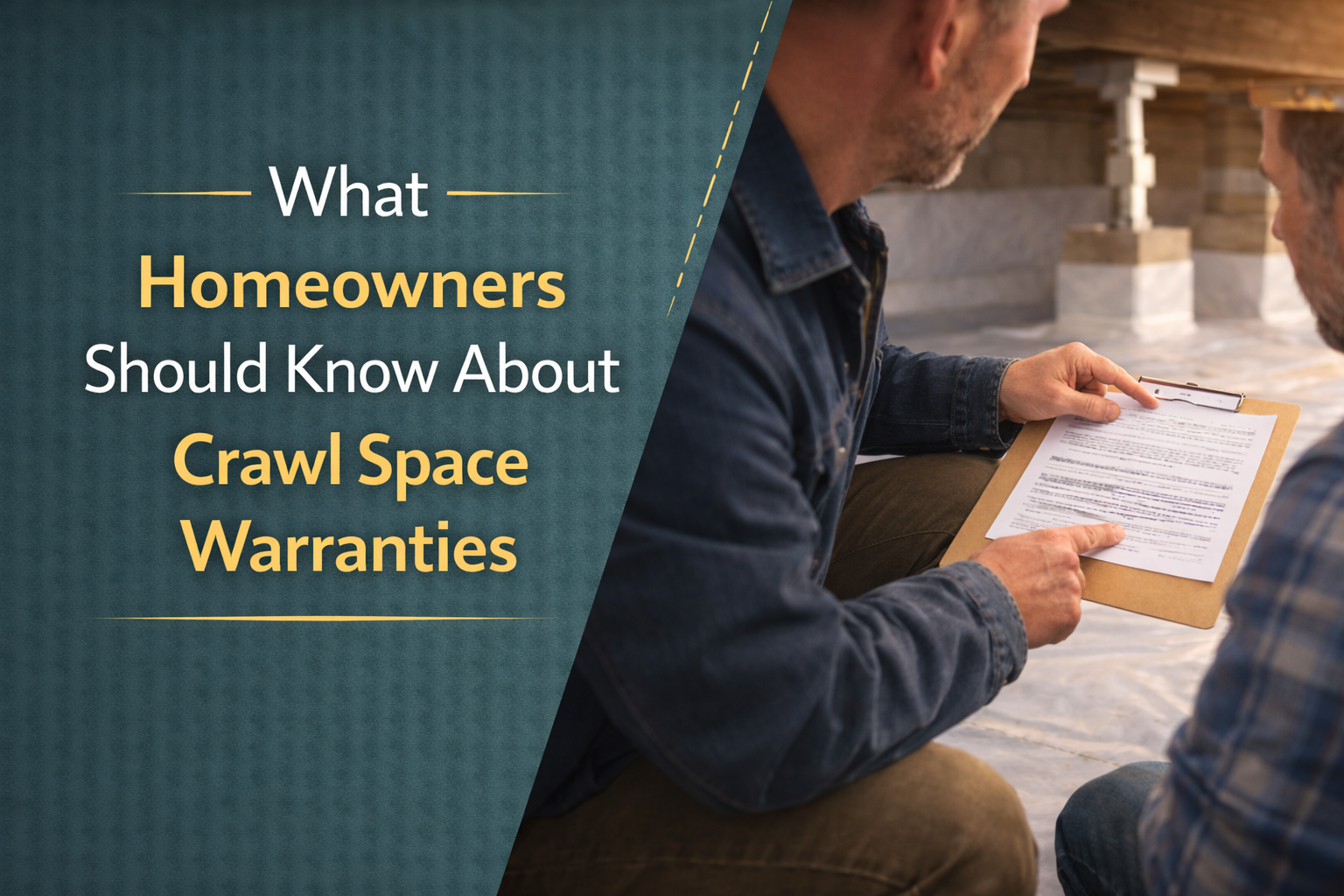 Two men examining a clipboard in a crawl space. Text reads: