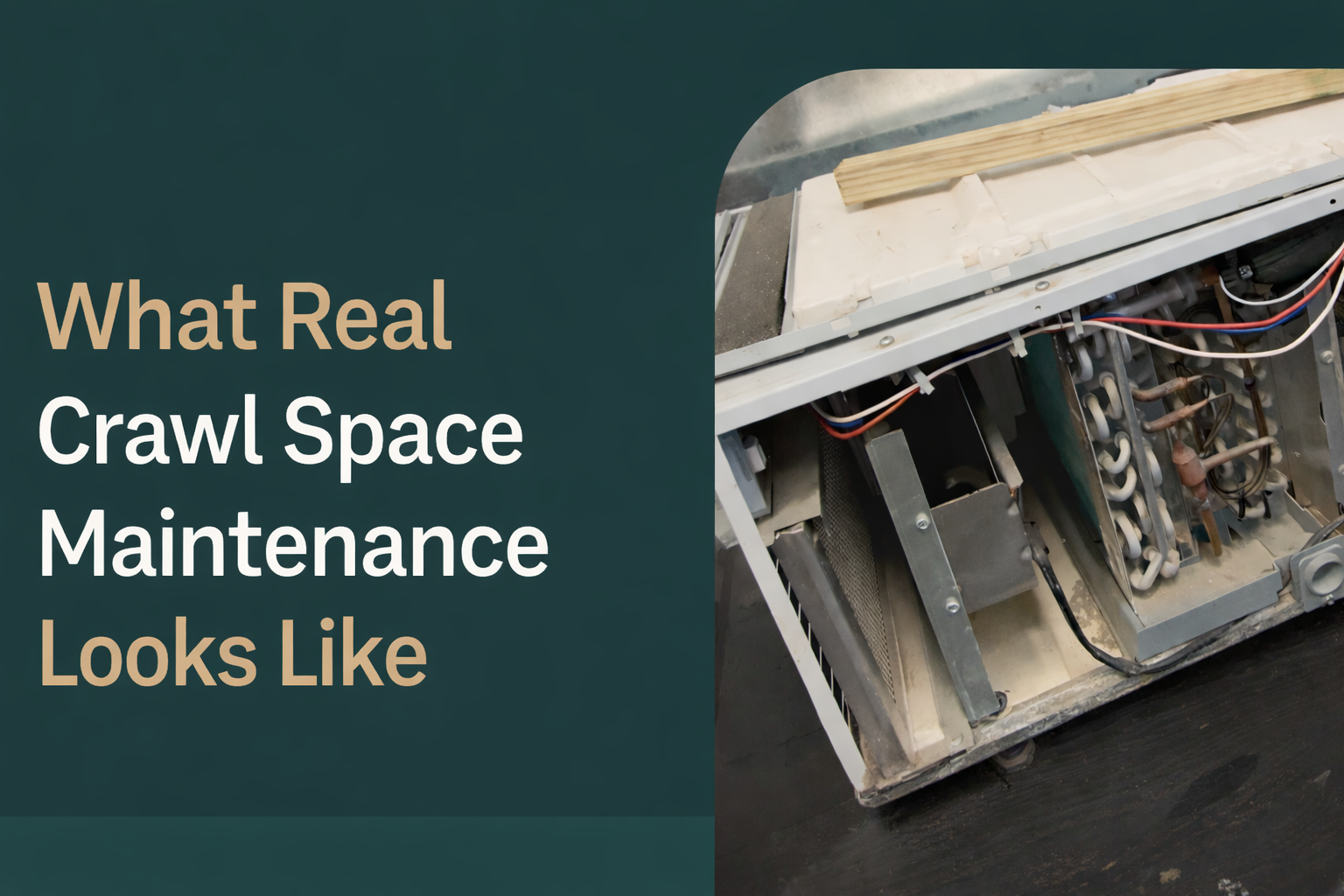 HVAC unit in a crawl space, open for maintenance. Text overlay: