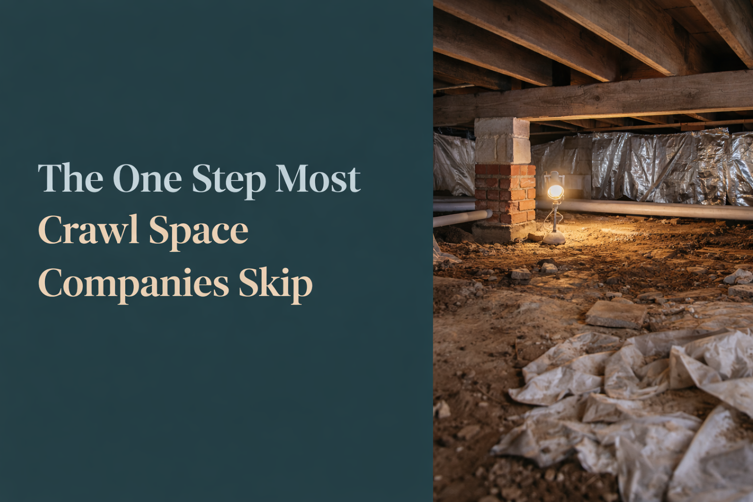 Crawl space under a house, dim light, wooden beams, insulation, headline: 