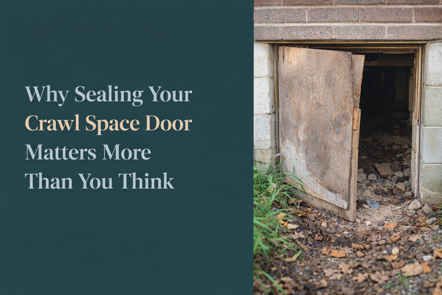 Crawl space door ajar with brick and block wall, text overlay “Why Sealing Your Crawl Space Door Matters More Than You Think.”