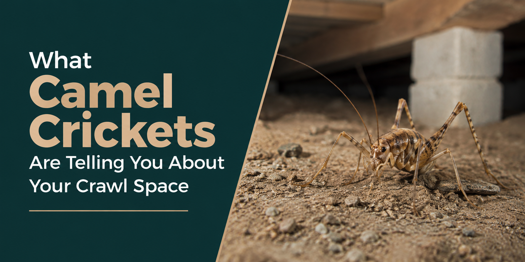 Camel crickets on dirt beside text: “What Camel Crickets Are Telling You About Your Crawl Space”