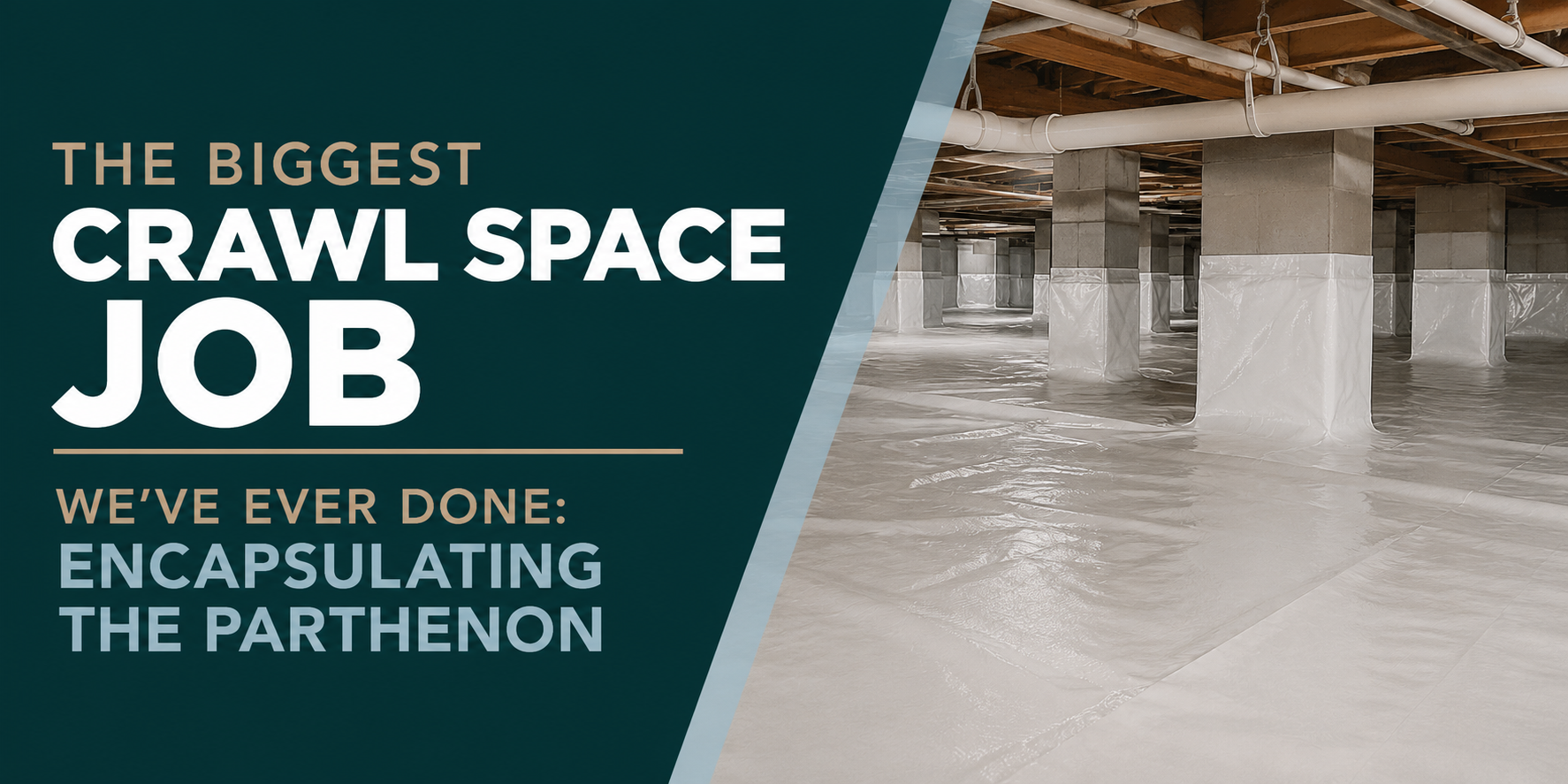 Crawl space job ad with text and a flooded crawl space under a house