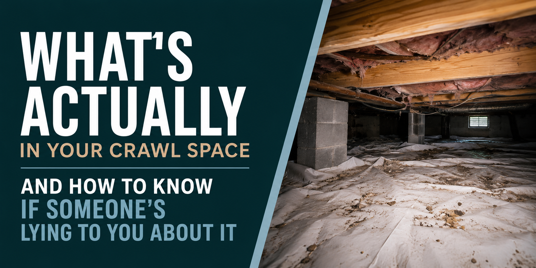 Text about crawl space contents beside a crawl space interior with wooden beams and concrete supports.