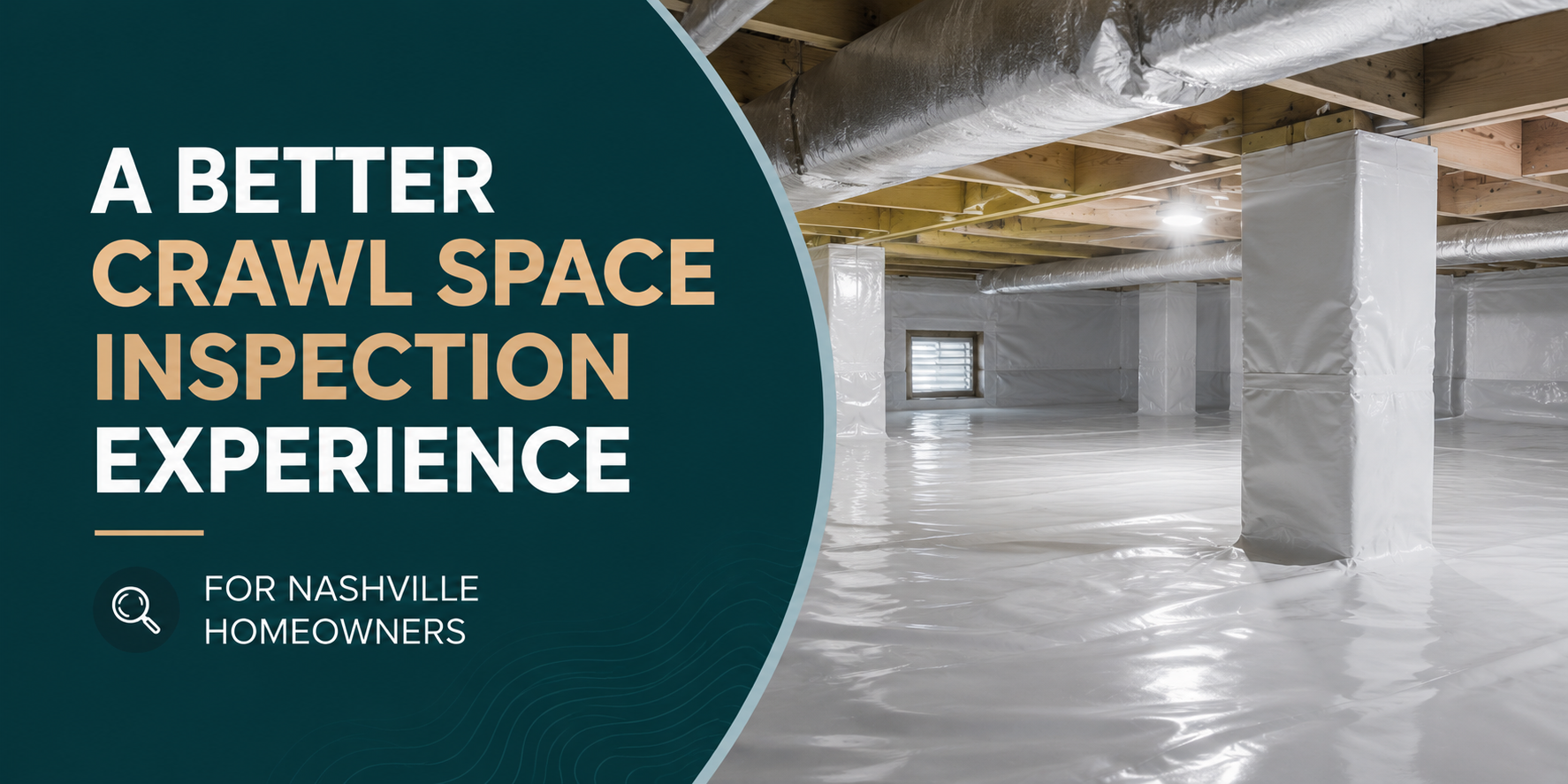 Crawl space with plastic lining and text: “A better crawl space inspection experience.”