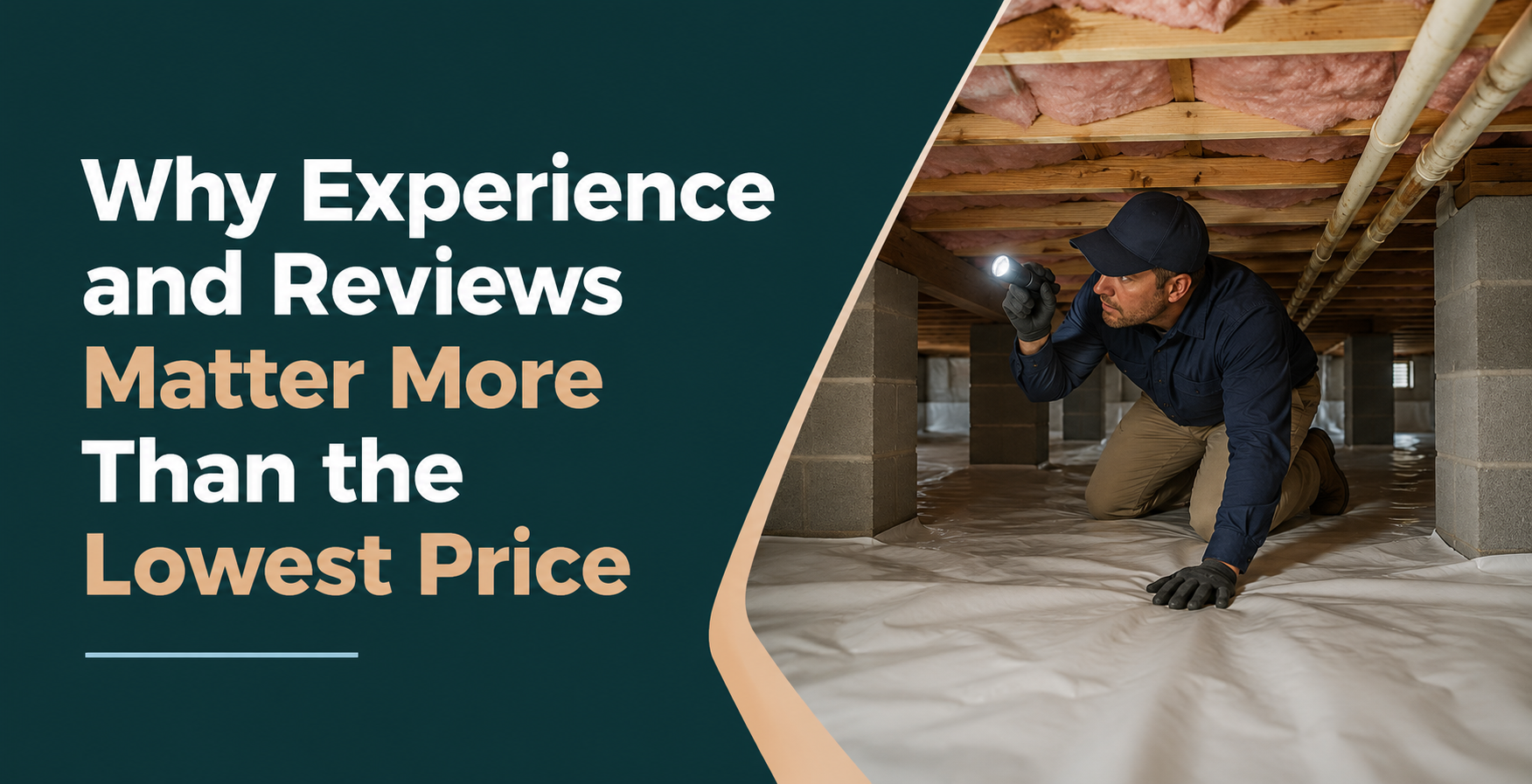 Text: “Why Experience and Reviews Matter More Than the Lowest Price” with worker in crawl space under house