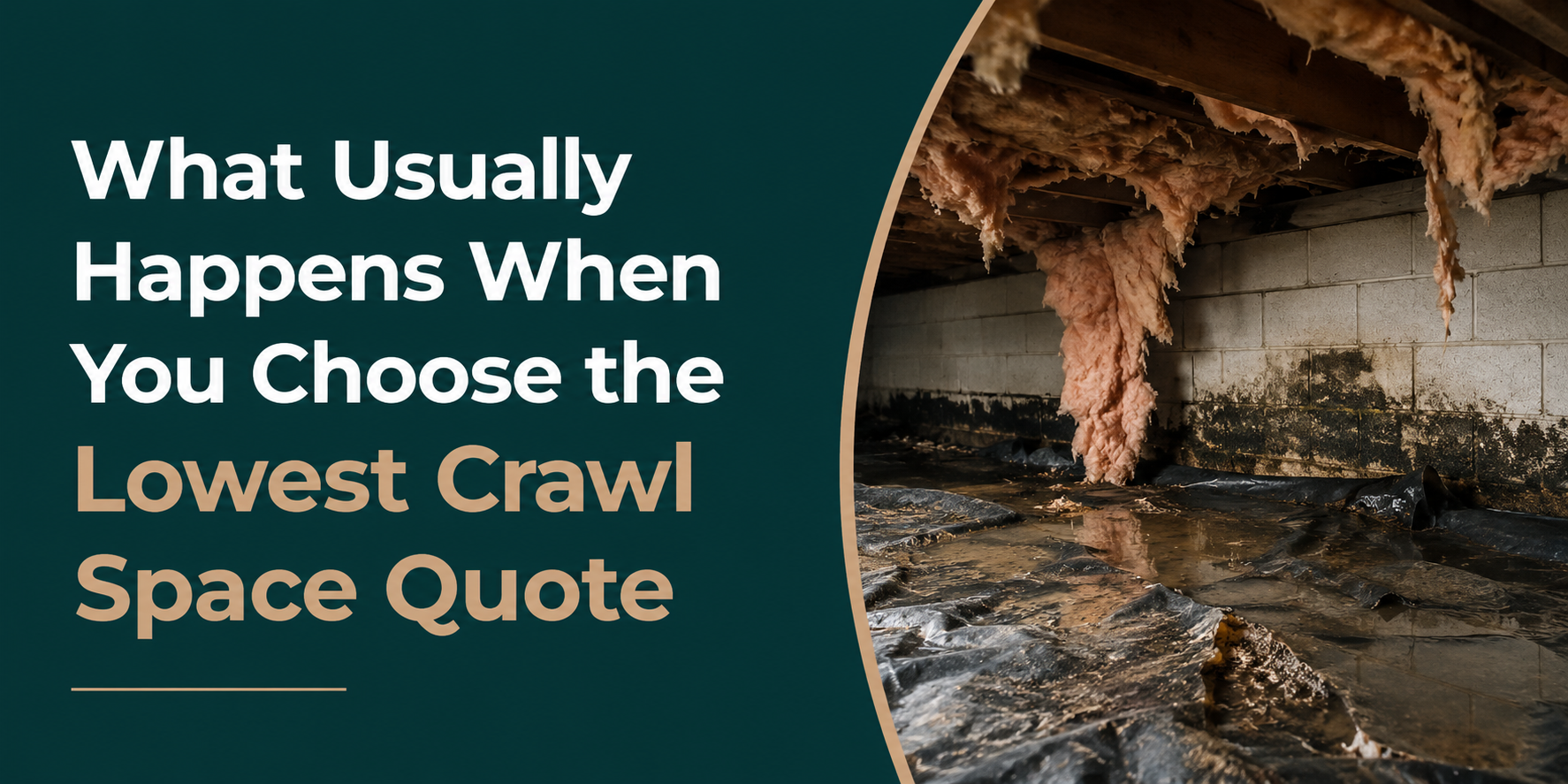 Text graphic about lowest crawl space quote, showing a crawl space with water and debris.