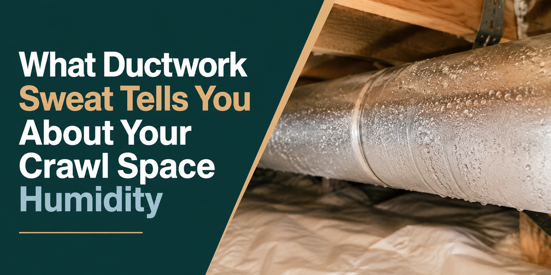 Crawl space ductwork with moisture droplets and text: “What Ductwork Sweat Tells You About Your Crawl Space Humidity”