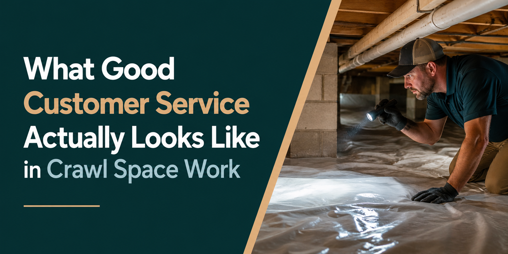 Worker inspecting crawl space with plastic sheeting; text reads “What Good Customer Service Actually Looks Like in Crawl Space Work”