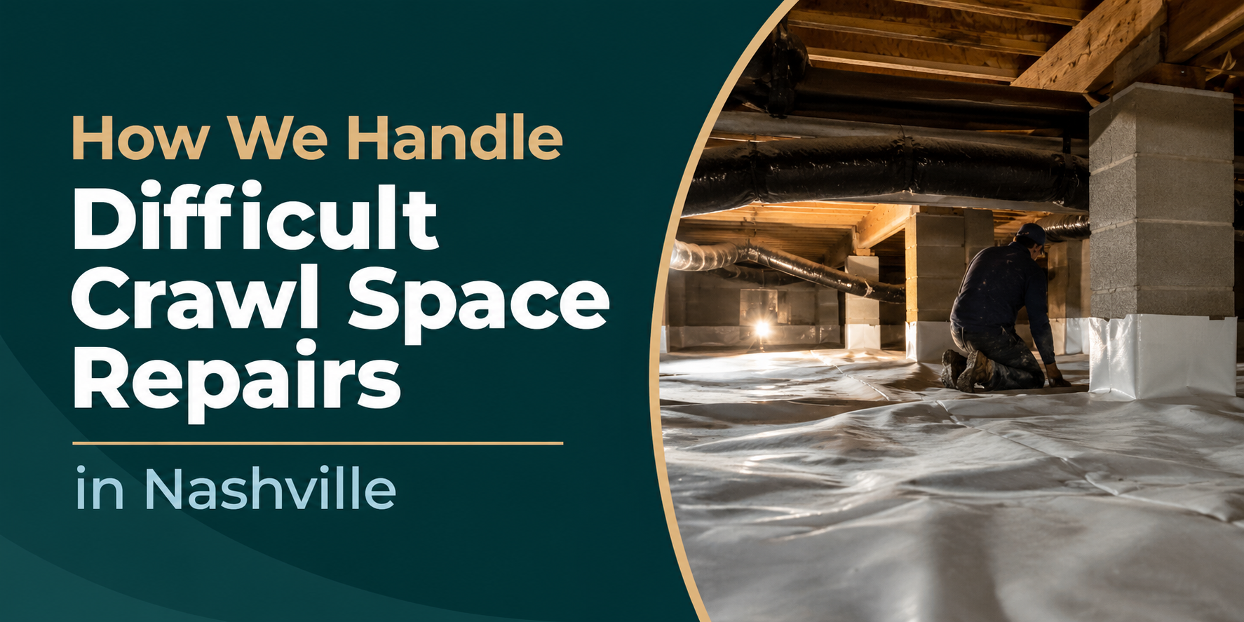 Difficult crawl space repairs in Nashville with worker under a house, dark crawl space, and exposed beams