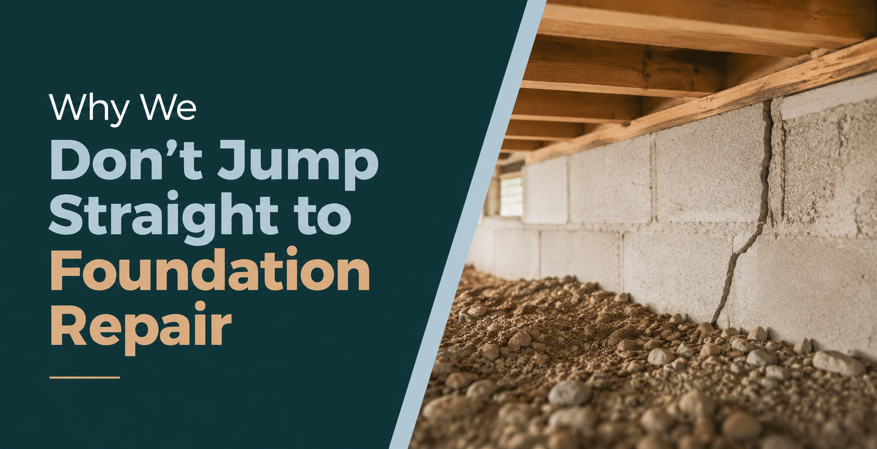 Text slide: “Why We Don’t Jump Straight to Foundation Repair” beside a basement wall and dirt floor