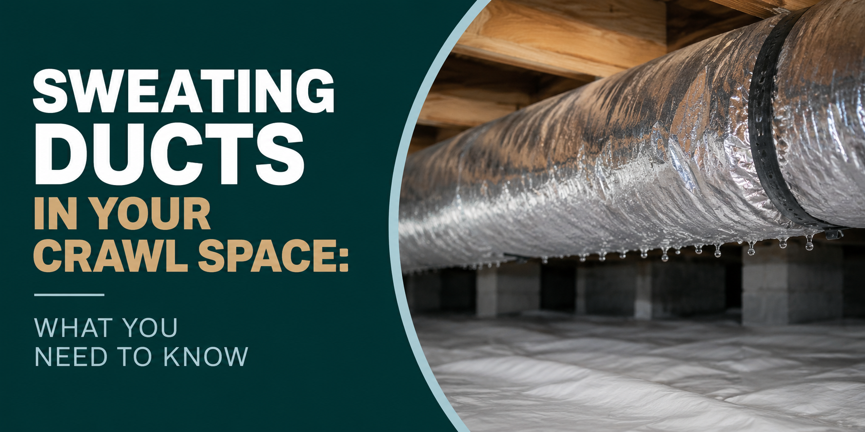 Metal ductwork in a crawl space with text: “Sweating Ducts in Your Crawl Space: What You Need to Know”