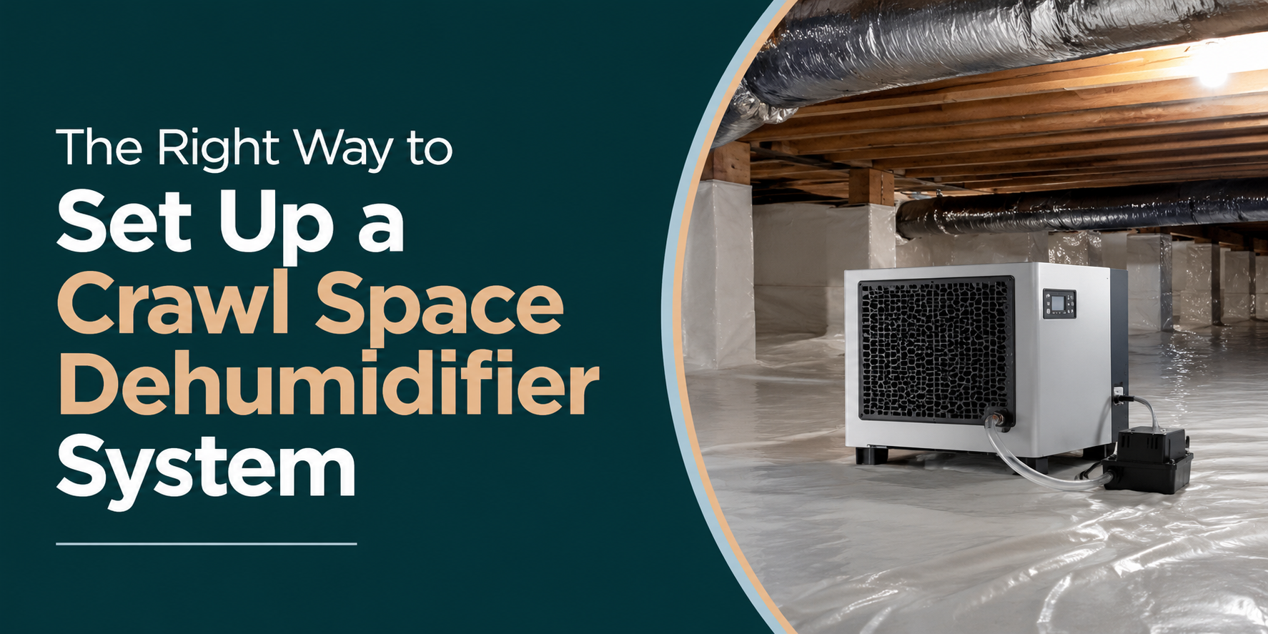 Text about setting up a crawl space dehumidifier beside a compact white unit in a basement crawl space