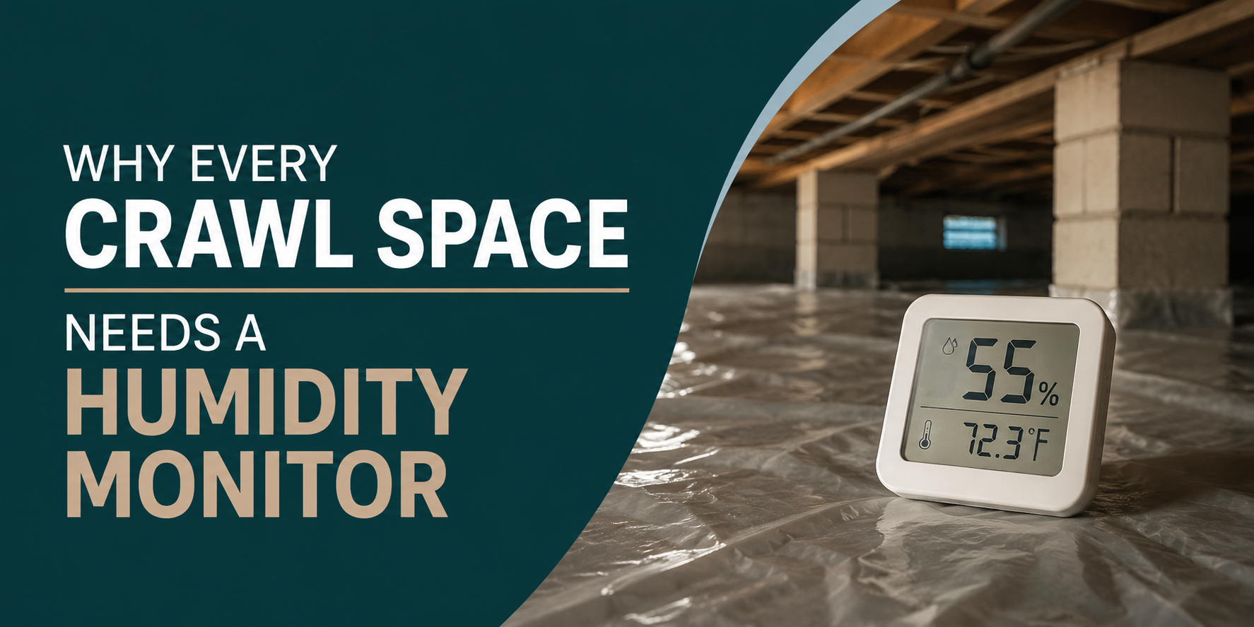 Text ad saying every crawl space needs a humidity monitor, with a digital meter in a crawl space.