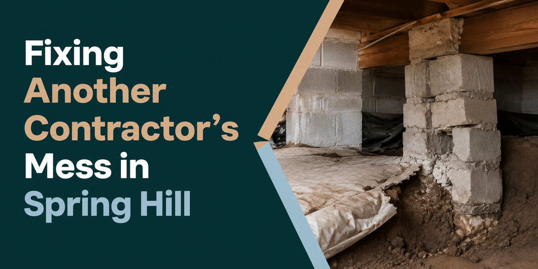 Text graphic: “Fixing Another Contractor’s Mess in Spring Hill” beside a damaged crawlspace floor.