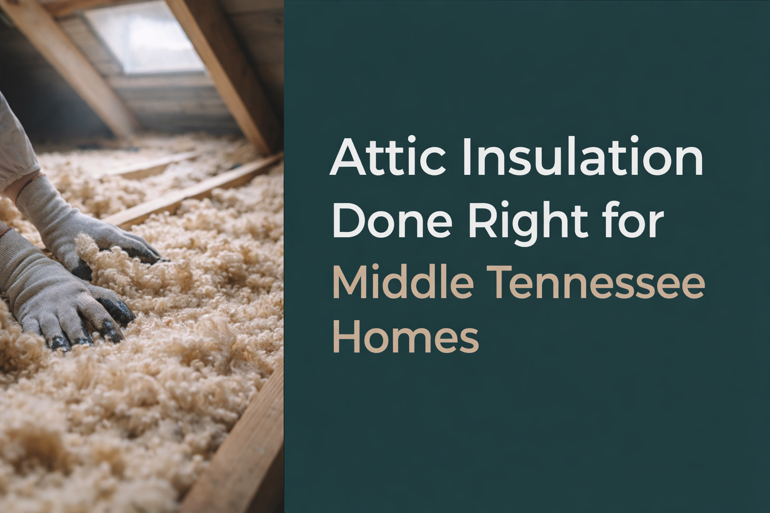 Hands in gloves spreading attic insulation with text reading