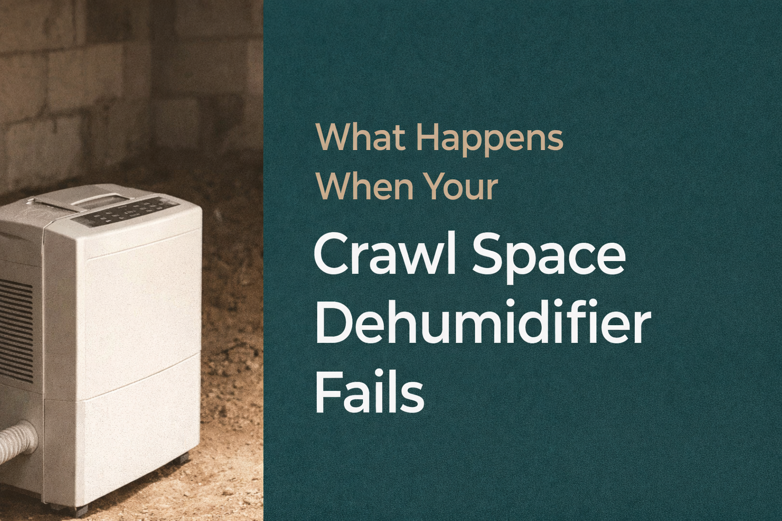 A white dehumidifier sits in a dark, dirt-floored crawl space next to text titled, 