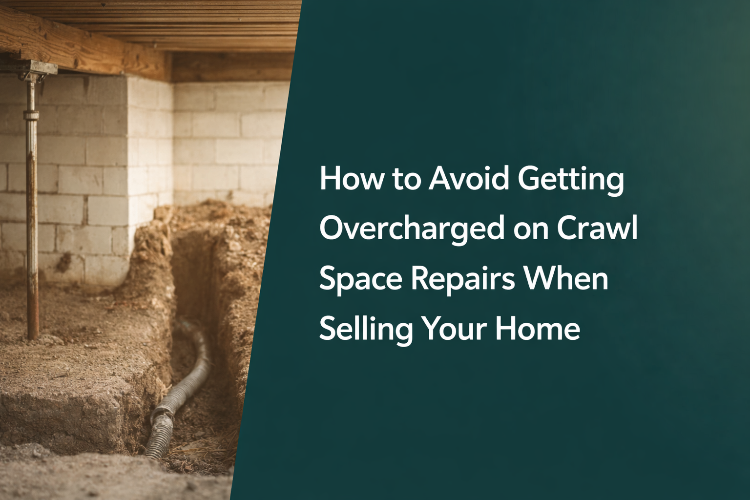 A crawl space with a dirt floor and a drainage pipe next to text reading 