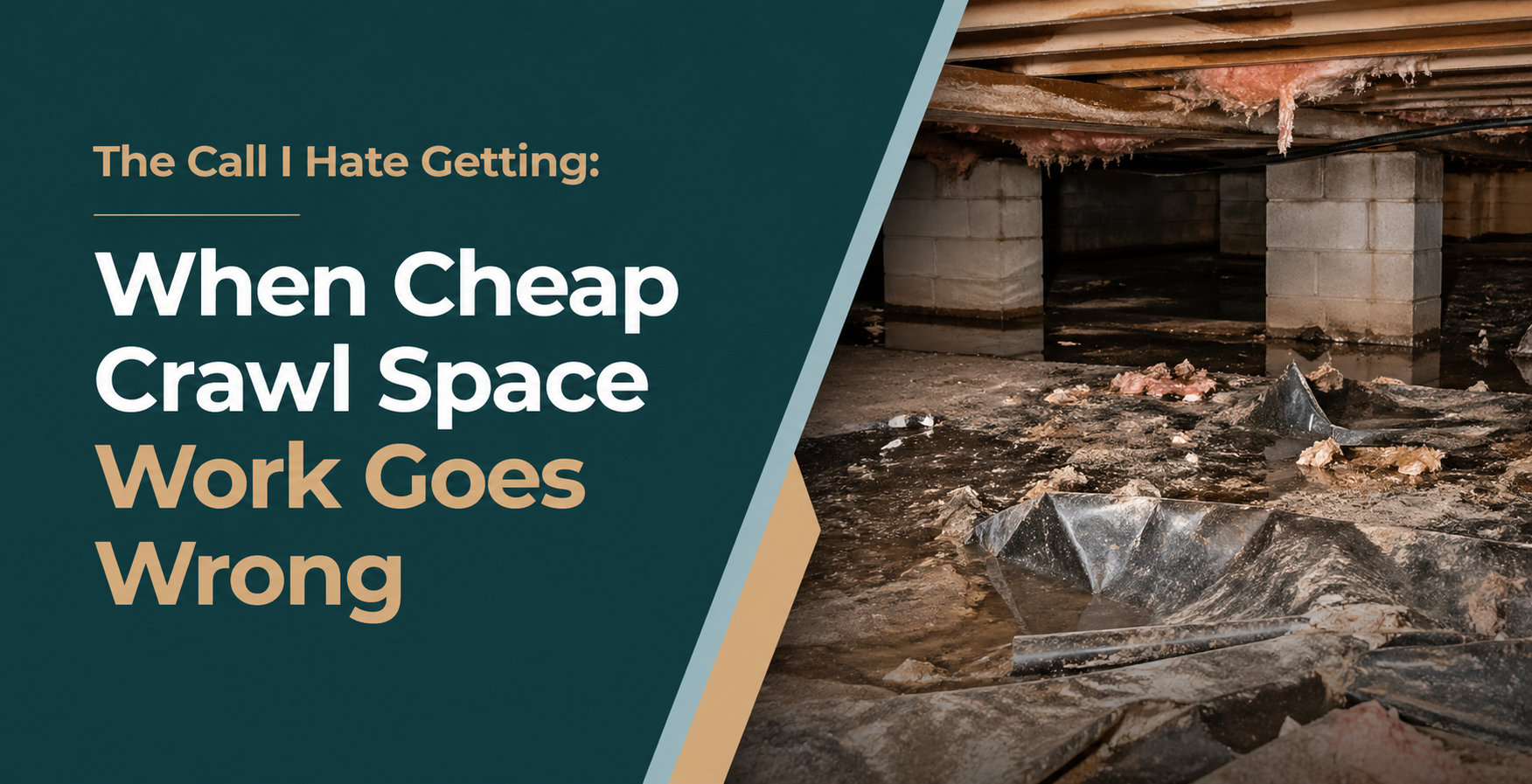 Text reads “The Call I Hate Getting: When Cheap Crawl Space Work Goes Wrong” beside a flooded crawl space.