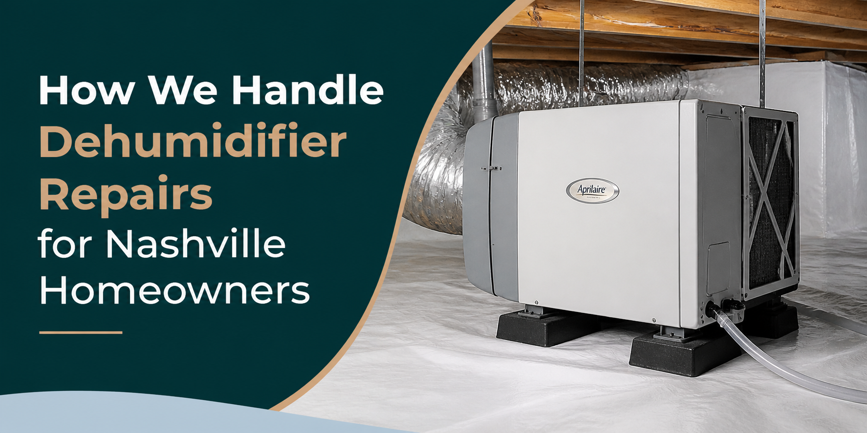 Dehumidifier repair ad for Nashville homeowners, showing a white basement dehumidifier next to text.