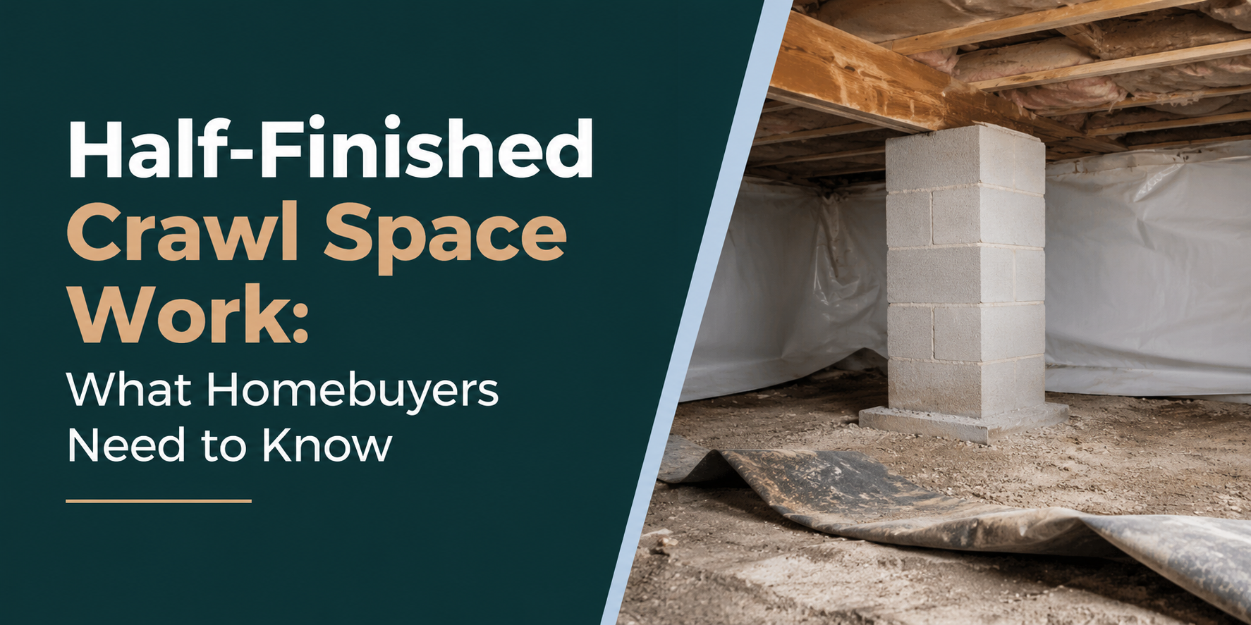 Half-finished crawl space work with concrete supports and crawlspace flooring; text about homeowner info