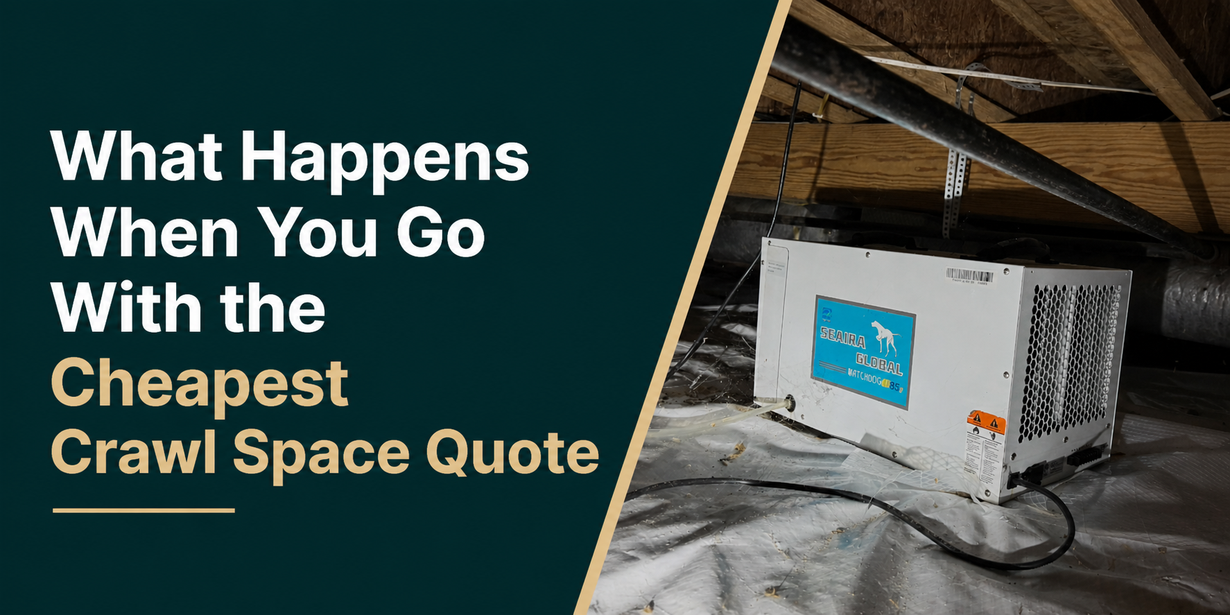 Basement crawl space with white equipment and text: “What Happens When You Go With the Cheapest Crawl Space Quote”