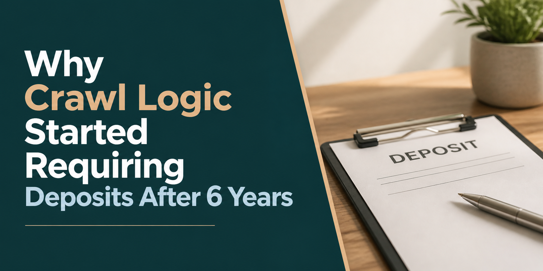 Text reading “Why Crawl Logic Started Requiring Deposits After 6 Years” beside a clipboard labeled “deposit.”