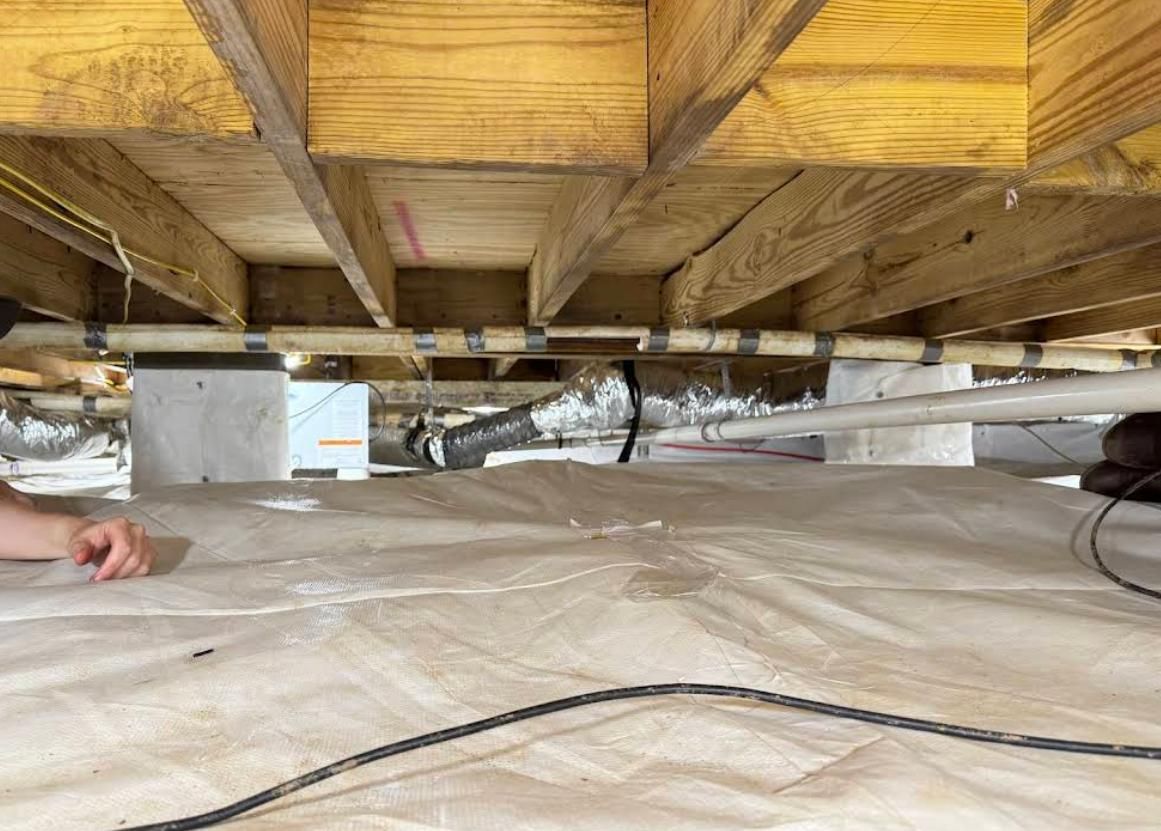 Under-house view of wooden beams, pipes, and a plastic vapor barrier on the ground; a person's hand is visible on the left.