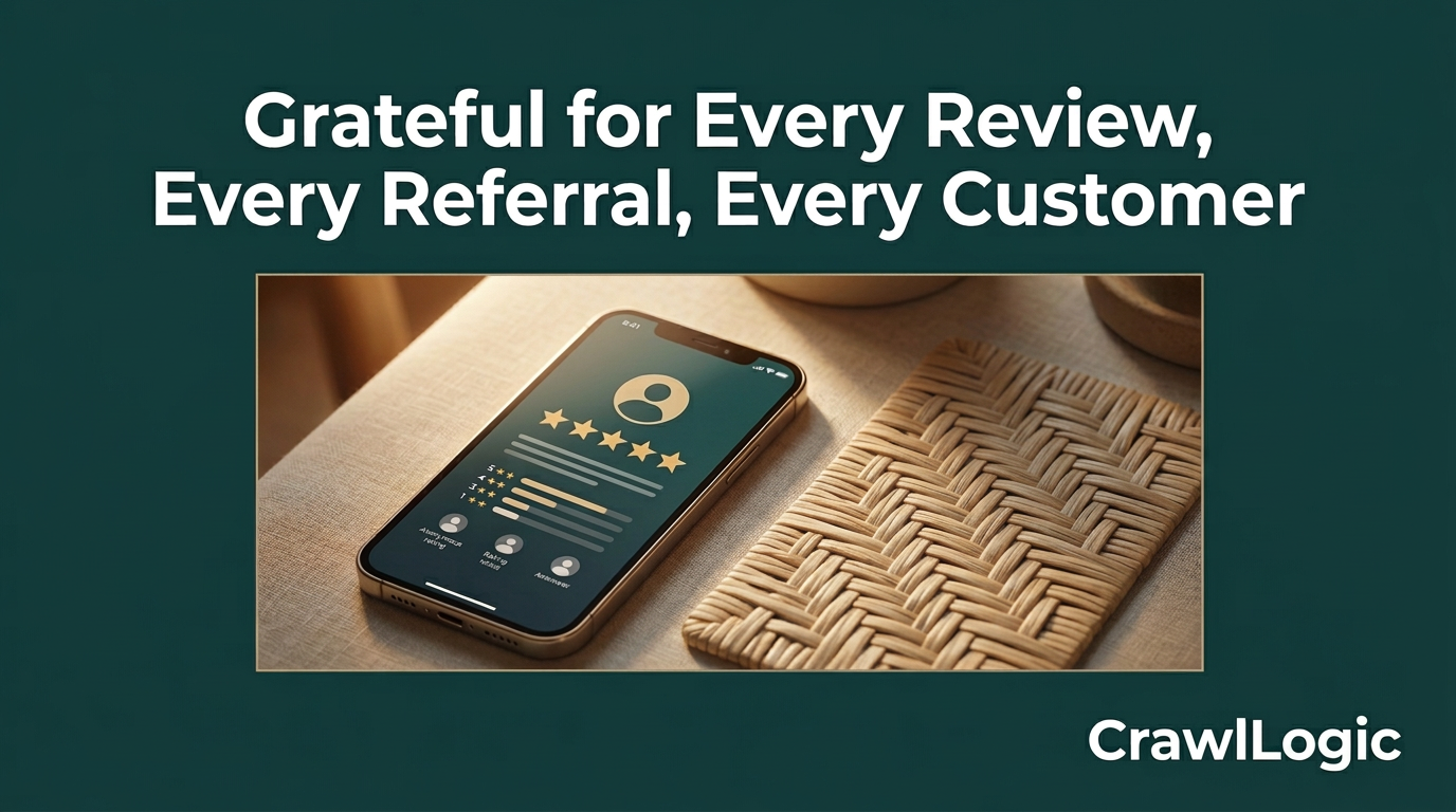 Smartphone showing five-star reviews, next to a coaster. Text: Grateful for every review, referral, customer.