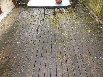 Wooden deck with moss, table, and a green-tinted wooden fence.
