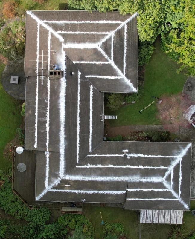 Overhead view of a house with white painted lines on the roof, surrounded by green grass and trees.