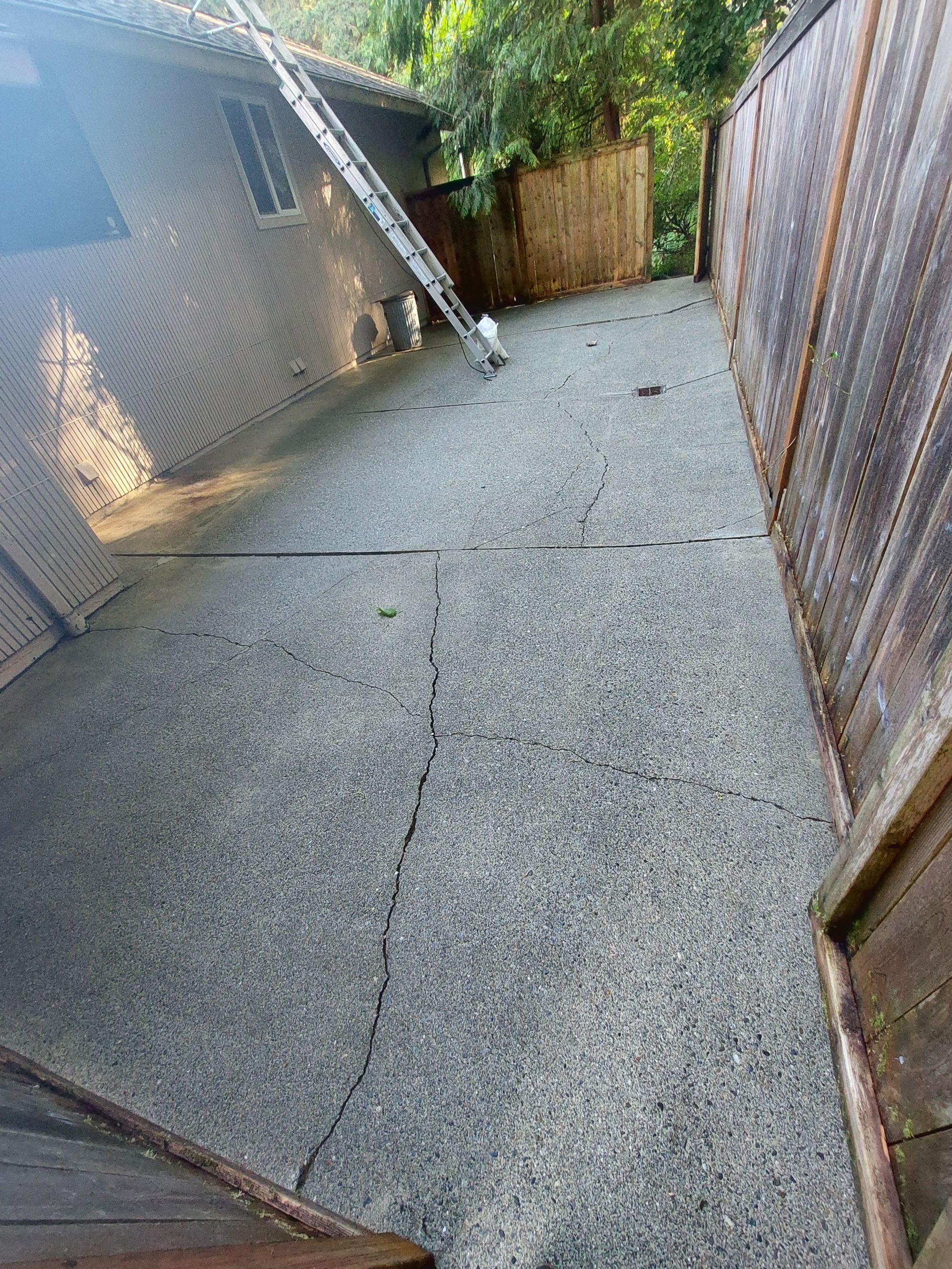 Concrete driveway with ladder next to brick house and wooden fence.