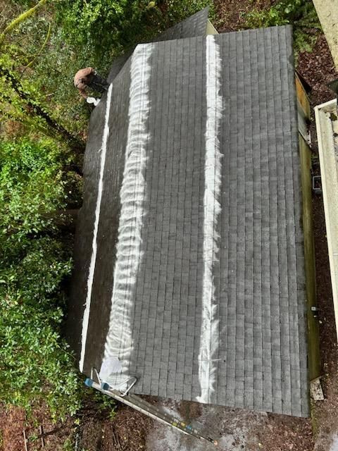 Man cleaning a dark shingle roof. White cleaning product streaks across the roof in three rows.