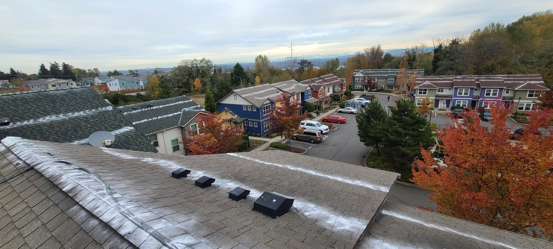 View from a roof of a residential area with autumn trees and cloudy sky.