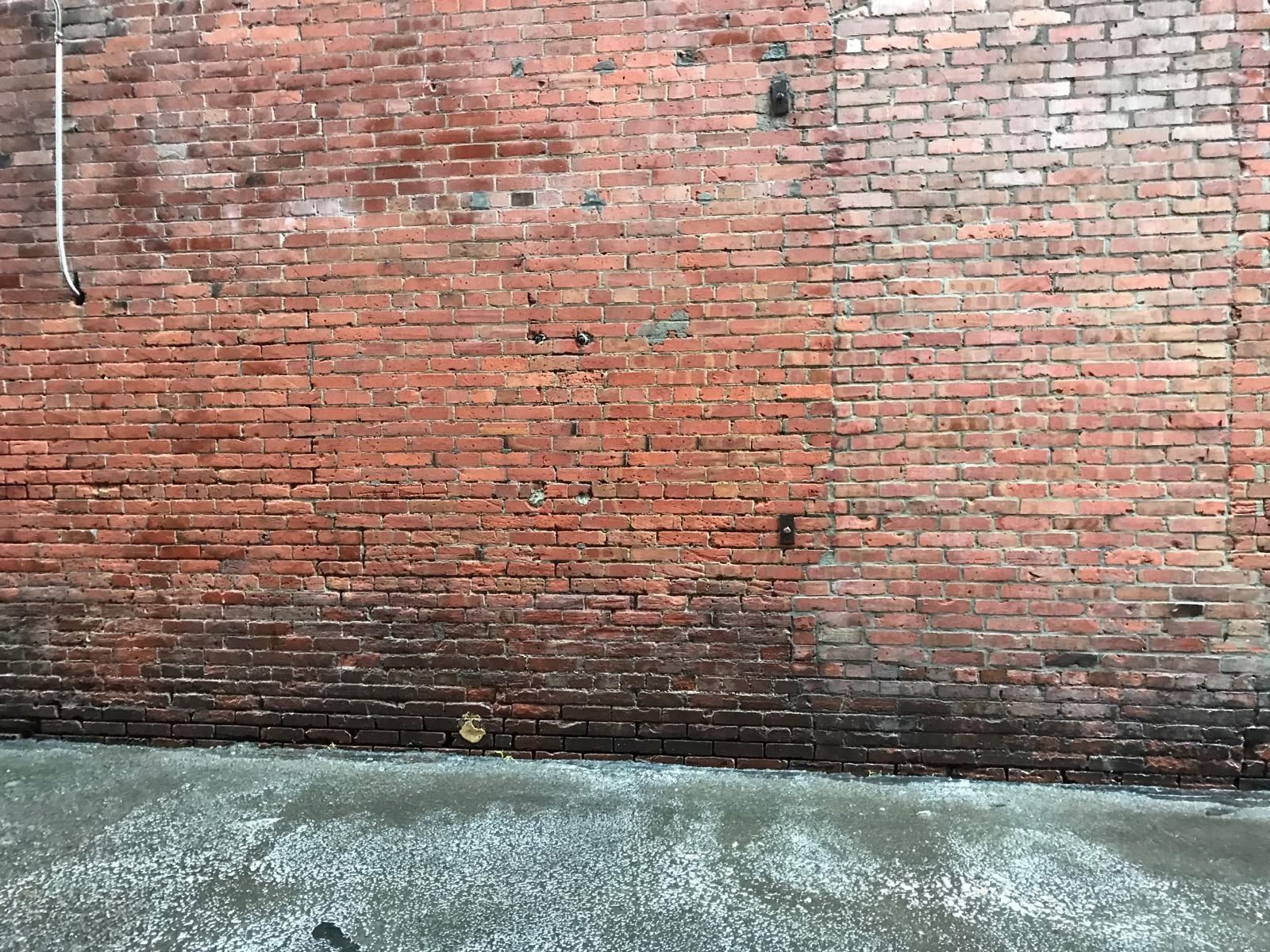 Red brick wall with wet pavement below.