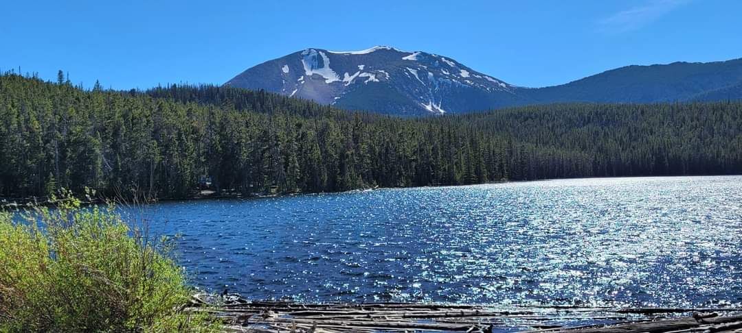 Lake with dark blue water, green trees, and a mountain with snow-capped peak under a clear blue sky.