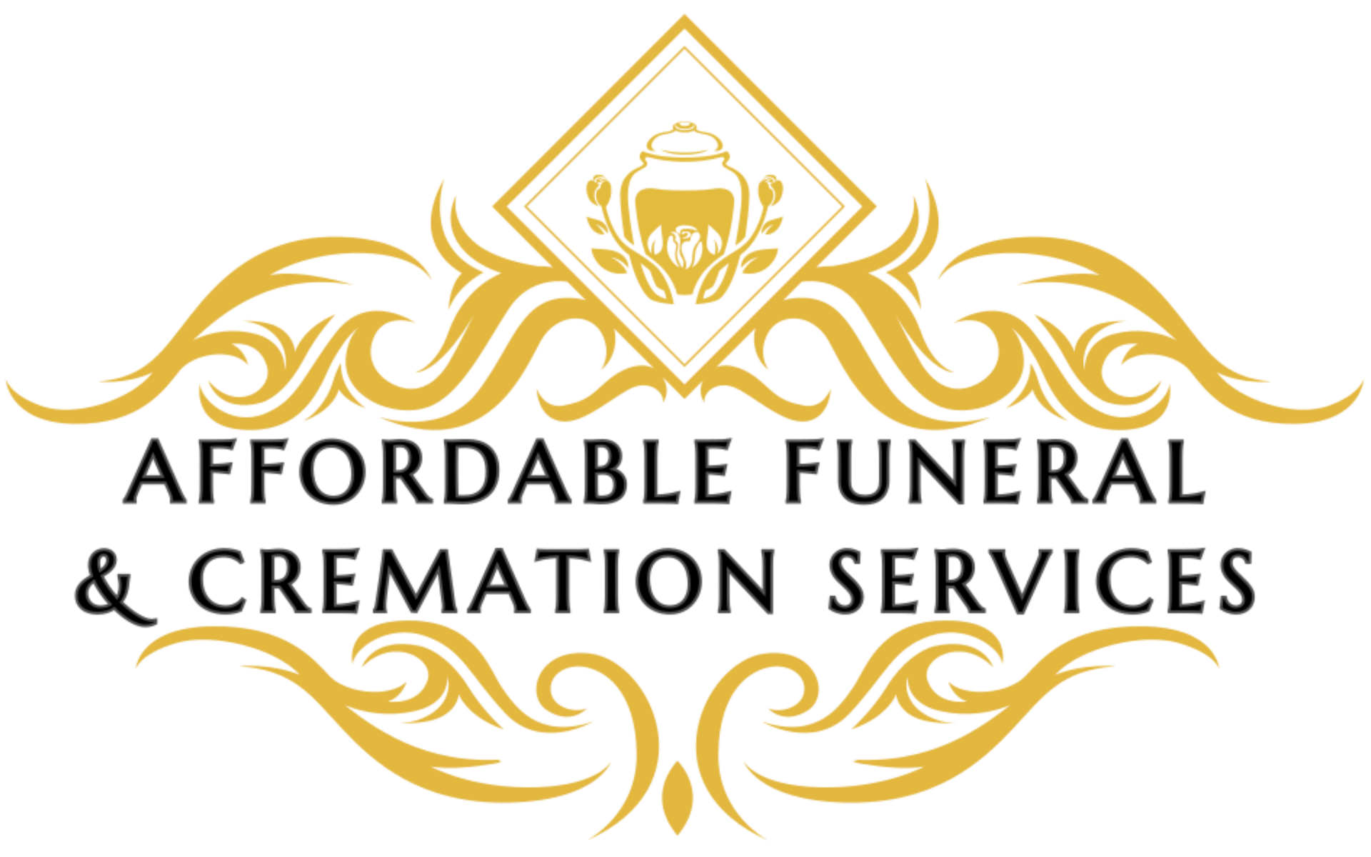 Gold logo for "Affordable Funeral & Cremation Services." Decorative elements surround the text.