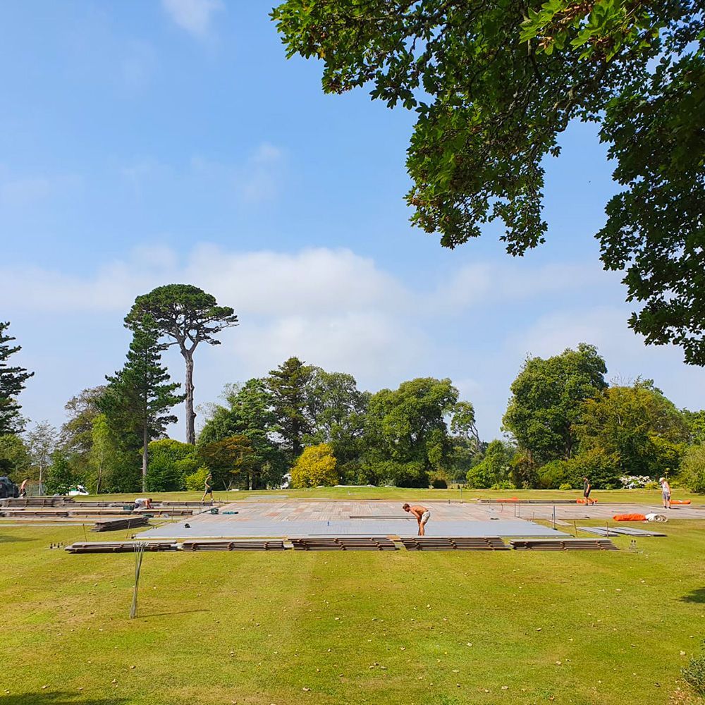A lush green field with a blue sky and trees in the background