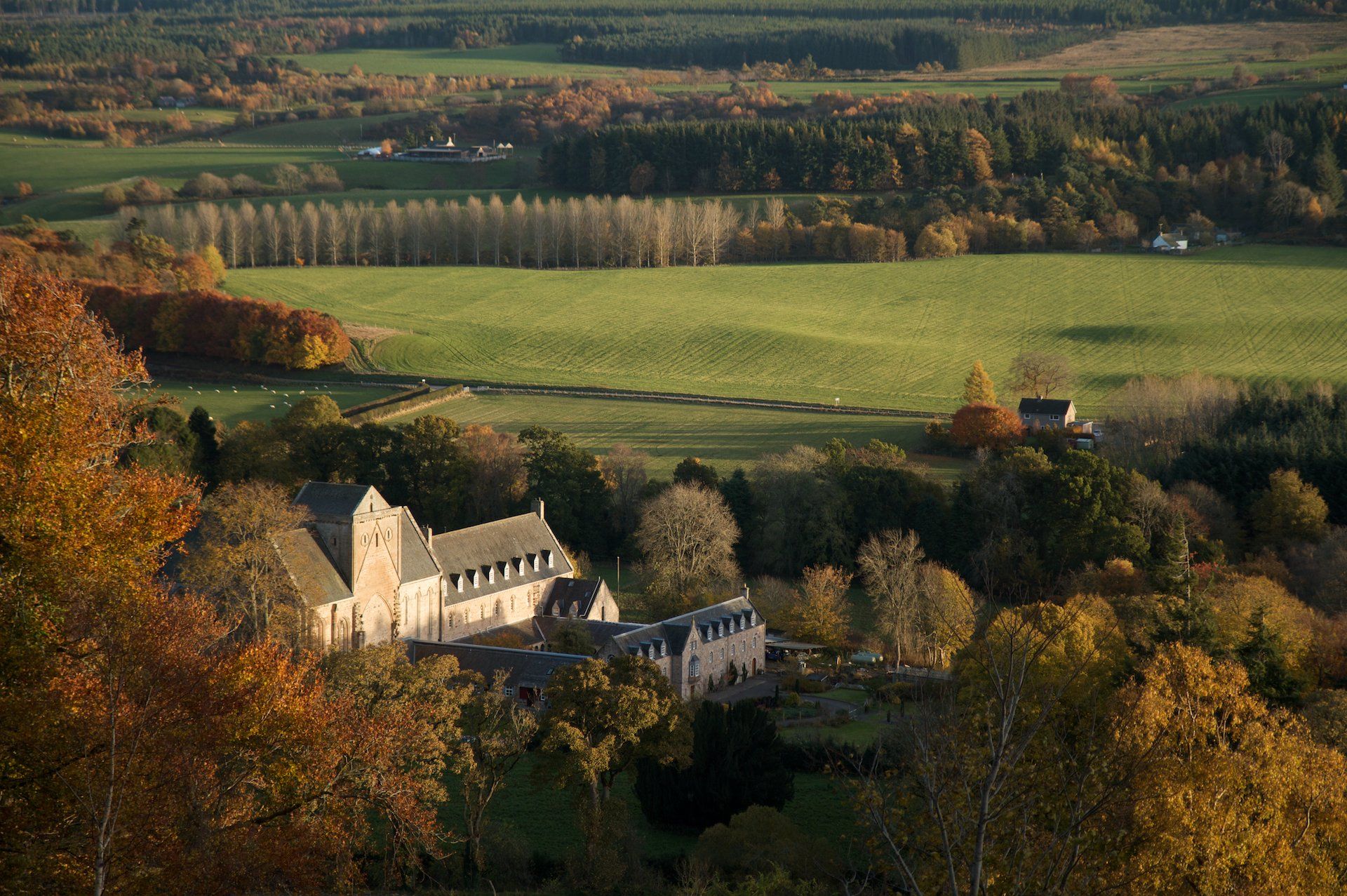 Pluscarden Abbey and the surrounding countryside