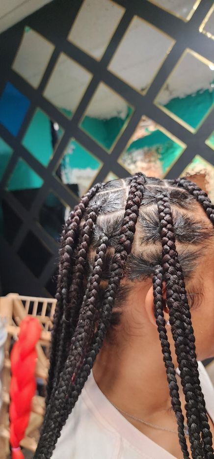 Close-up of a person's head with box braids. Braids are dark brown, the background has a geometric pattern.