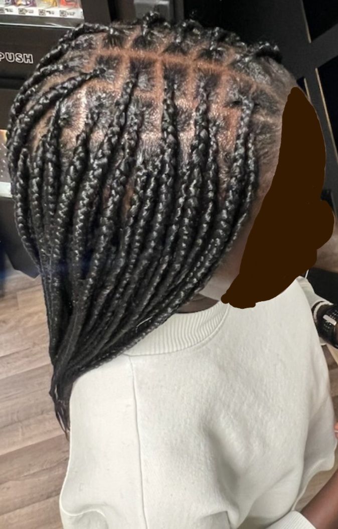 Black box braids on a person's head, shoulder view. Braids start in neat squares, fall to the side.
