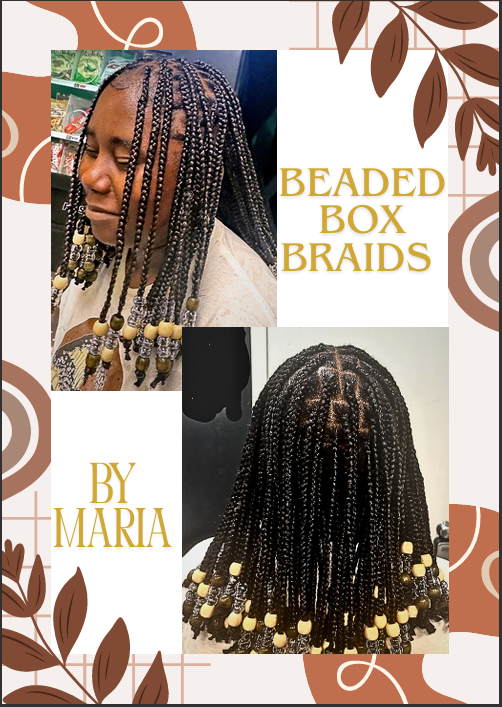 Beaded box braids styled on two different views. Gold and brown accent a decorative border and text.