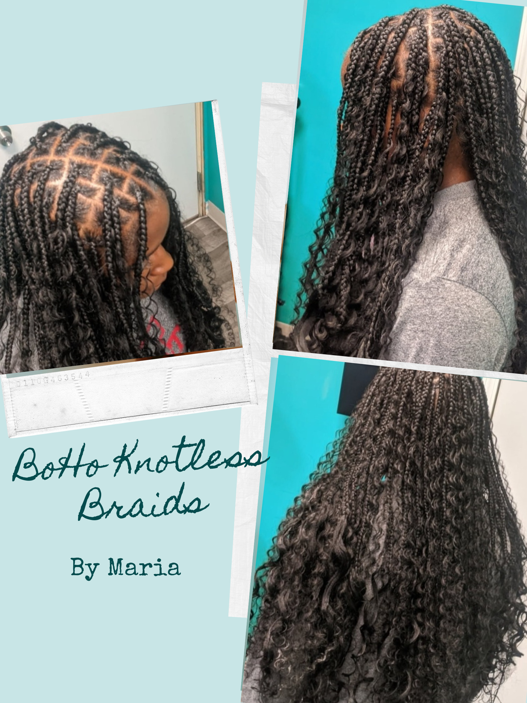 Botto knotless braids hairstyle. Collage of three photos showcasing braids with turquoise background.