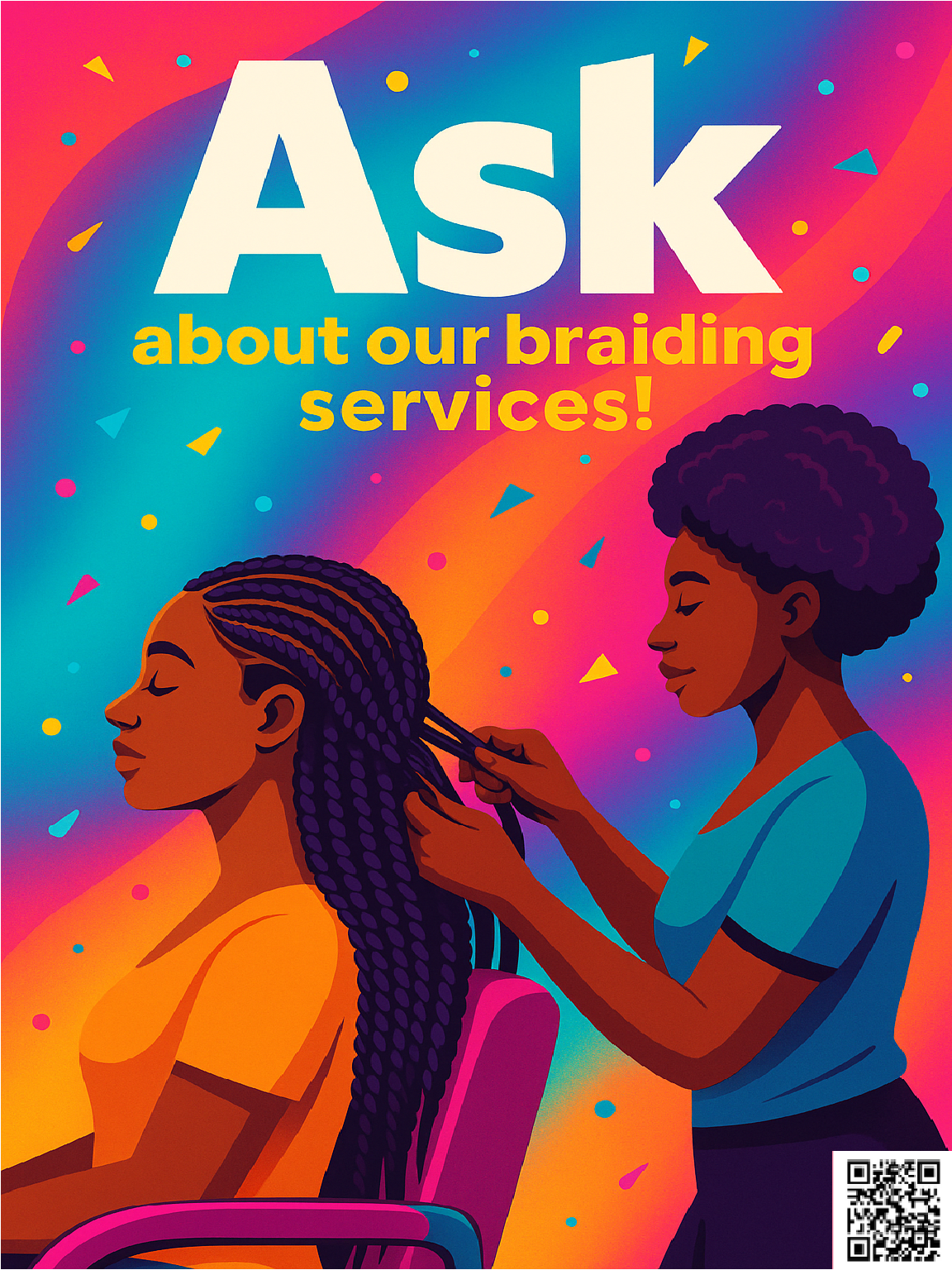 Woman getting braids; colorful poster advertises braiding services.