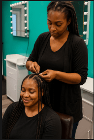 Woman braiding another woman's hair at a salon. Teal walls, white vanity. Both women are smiling.