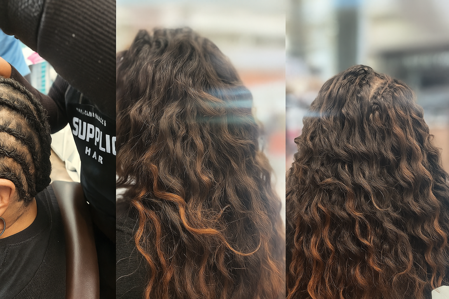 Three images of braided hair with a wavy texture.