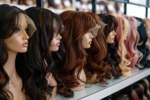 Wigs displayed on mannequin heads in various colors and styles, lined up on a shelf.