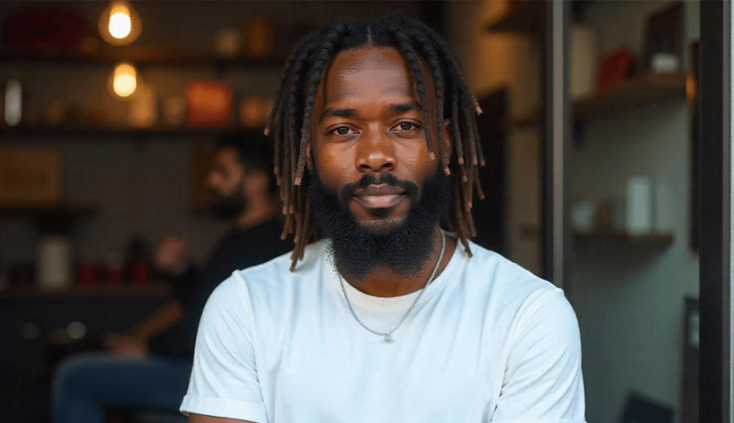 A Black man with dreadlocks and a beard looks directly at the camera in a cafe.